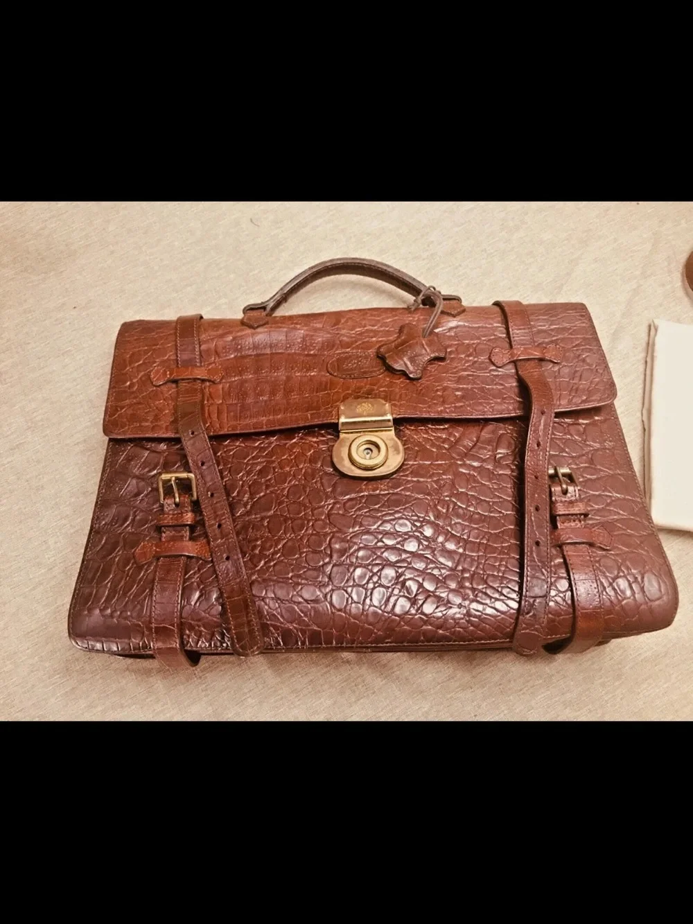 Mulberry Dark Brown Croc-Embossed Leather Briefcase with Gold Hardware
